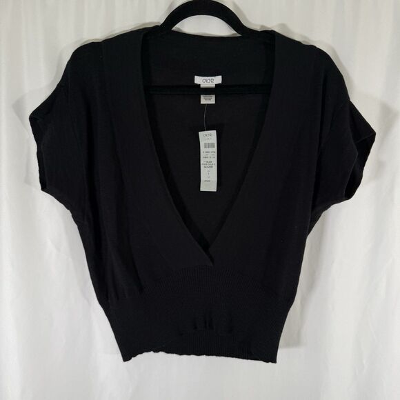 New Cache Sweater Women's Large Black V Neck Short Sleeve Flax Cotton $78 - Picture 1 of 6
